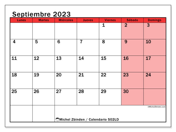 Calendario septiembre 2023 “502”. Calendario para imprimir gratis.. De lunes a domingo