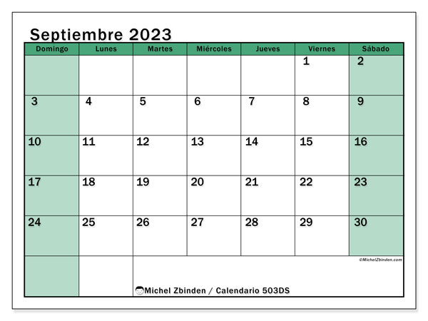 Calendario septiembre 2023 “503”. Horario para imprimir gratis.. De domingo a sábado