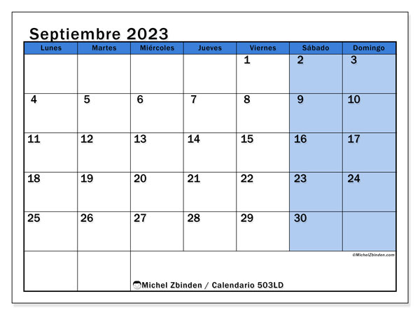 Calendario septiembre 2023 “504”. Horario para imprimir gratis.. De lunes a domingo