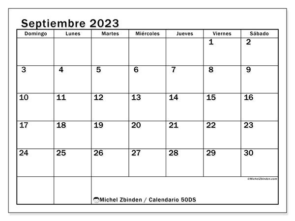 Calendario 50DS, septiembre de 2023, para imprimir gratuitamente. Planificación imprimible gratuita