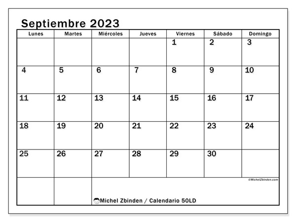 Calendario septiembre de 2023 para imprimir. Calendario mensual “50LD” y planificación gratuito para imprimir