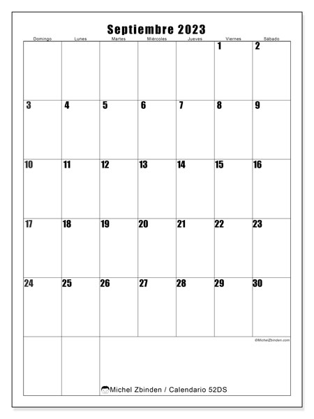 Calendario septiembre 2023 “52”. Calendario para imprimir gratis.. De domingo a sábado