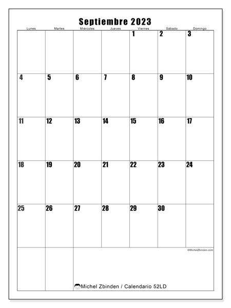 Calendario septiembre de 2023 para imprimir. Calendario mensual “52LD” y agenda gratuito para imprimir