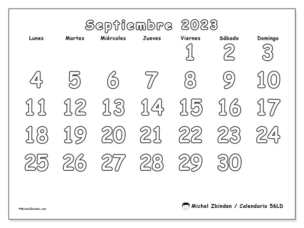 Calendario septiembre 2023 “56”. Horario para imprimir gratis.. De lunes a domingo