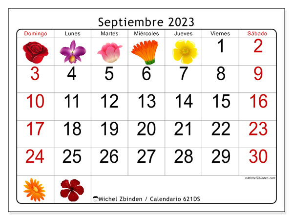 Calendario septiembre 2023 “621”. Horario para imprimir gratis.. De domingo a sábado