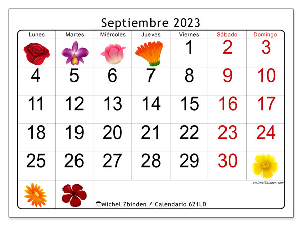Calendario septiembre 2023 “621”. Diario para imprimir gratis.. De lunes a domingo