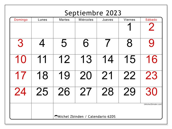Calendario septiembre de 2023 para imprimir. Calendario mensual “62DS” y planificación para imprimer gratis