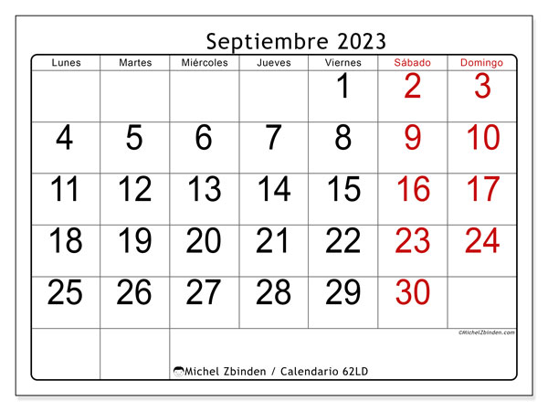 Calendario septiembre 2023 “62”. Diario para imprimir gratis.. De lunes a domingo