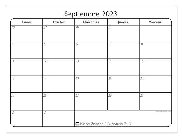 Calendario septiembre de 2023 para imprimir. Calendario mensual “74DS” y almanaque gratuito para imprimir