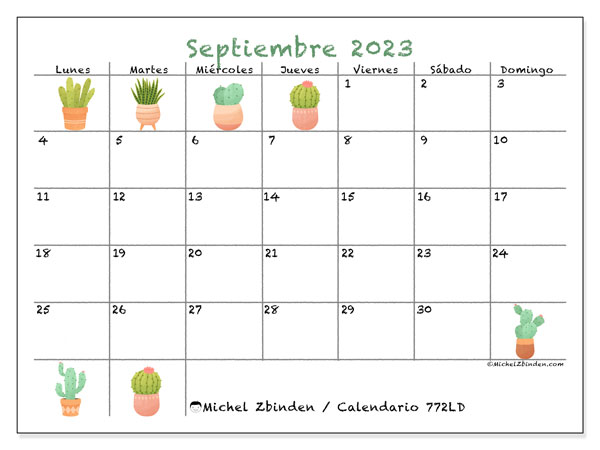 Calendario septiembre 2023 “772”. Horario para imprimir gratis.. De lunes a domingo