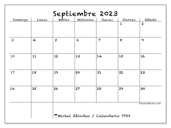 Calendario septiembre 2023 “77”. Horario para imprimir gratis.. De domingo a sábado