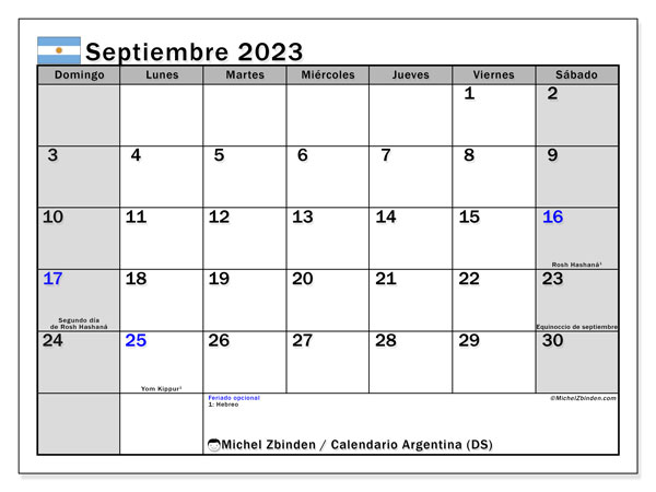 Calendario para imprimir, septiembre de 2023, Argentina (DS)
