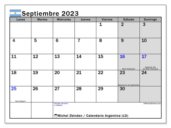 Calendario para imprimir, septiembre de 2023, Argentina (LD)