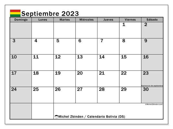 Calendario septiembre 2023, Bolivia. Horario para imprimir gratis.