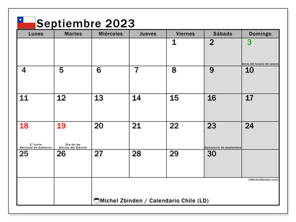Kalendarz wrzesień 2023, Chile (ES). Darmowy program do druku.