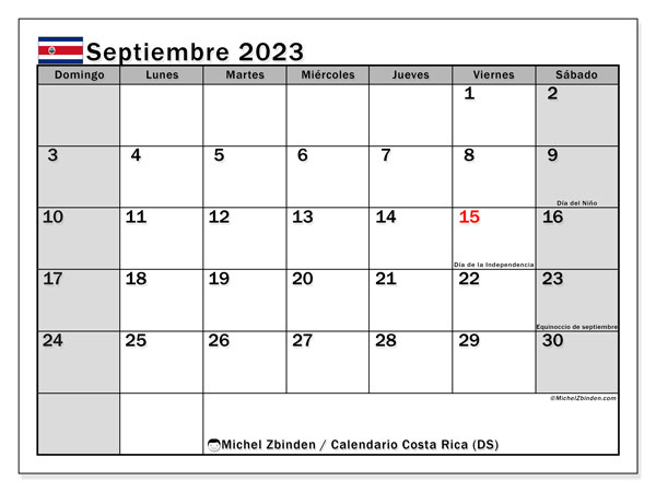 Calendário Setembro 2023 “Costa Rica”. Programa gratuito para impressão.. Domingo a Sábado