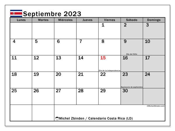 Calendário Setembro 2023 “Costa Rica”. Programa gratuito para impressão.. Segunda a domingo
