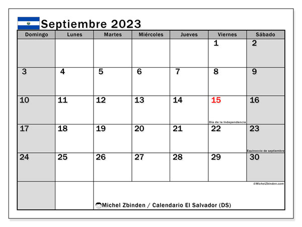 Calendário Setembro 2023 “El Salvador”. Horário gratuito para impressão.. Domingo a Sábado