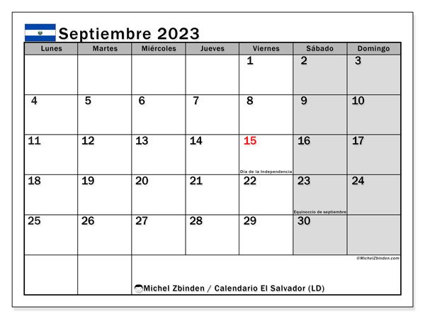 Calendário Setembro 2023 “El Salvador”. Horário gratuito para impressão.. Segunda a domingo