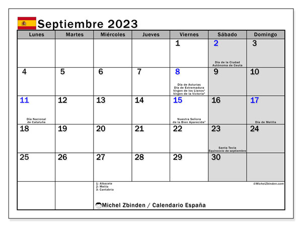 Calendário Setembro 2023 “Espanha”. Programa gratuito para impressão.. Segunda a domingo