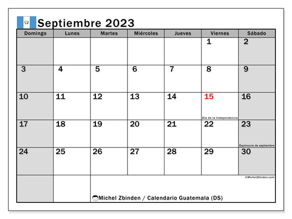 Calendário Setembro 2023 “Guatemala”. Calendário gratuito para imprimir.. Domingo a Sábado