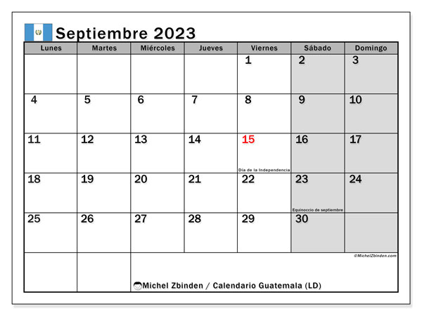 Calendário Setembro 2023 “Guatemala”. Calendário gratuito para imprimir.. Segunda a domingo