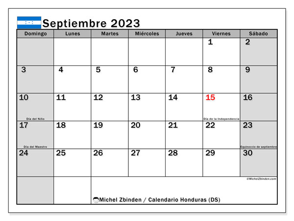 Calendário Setembro 2023 “Honduras”. Horário gratuito para impressão.. Domingo a Sábado