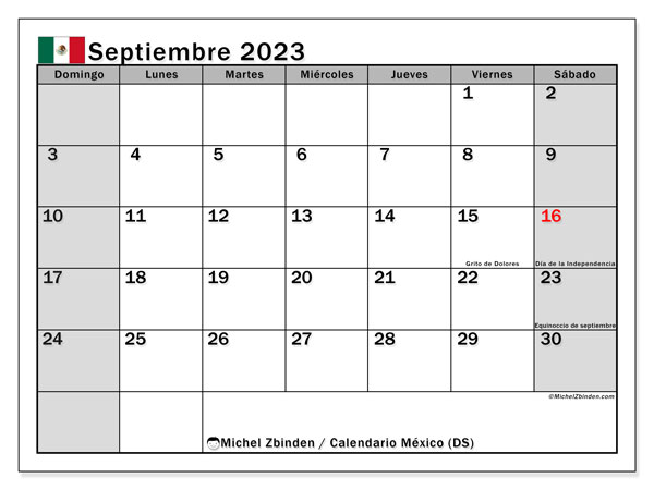 Calendario “México (DS)” para imprimir, con festivos. Calendario mensual septiembre de 2023 y almanaque gratuito para imprimir.