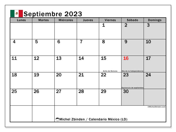 Calendario “México (LD)” para imprimir, con festivos. Calendario mensual septiembre de 2023 y planificación gratuito para imprimir.
