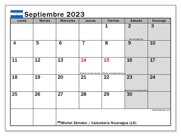 Calendário Setembro 2023 “Nicarágua”. Programa gratuito para impressão.. Segunda a domingo