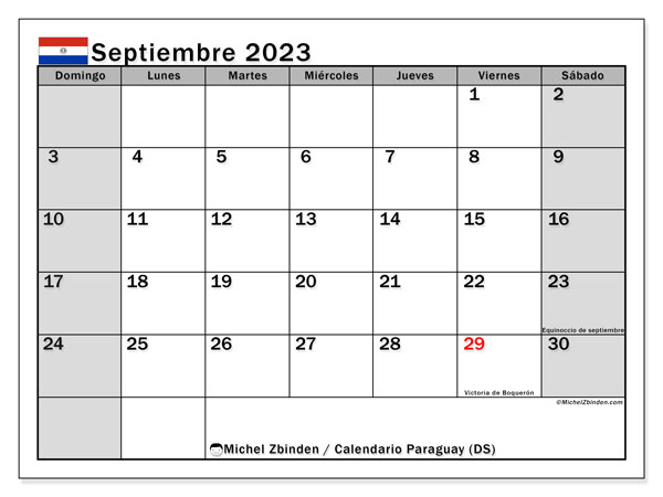 Calendário Setembro 2023 “Paraguai”. Jornal gratuito para impressão.. Domingo a Sábado