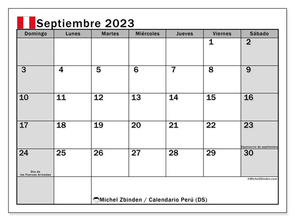 Calendário Setembro 2023 “Peru”. Horário gratuito para impressão.. Domingo a Sábado