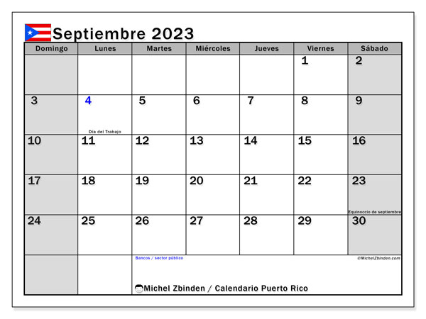 Kalendarz wrzesień 2023, Puerto Rico (ES). Darmowy program do druku.
