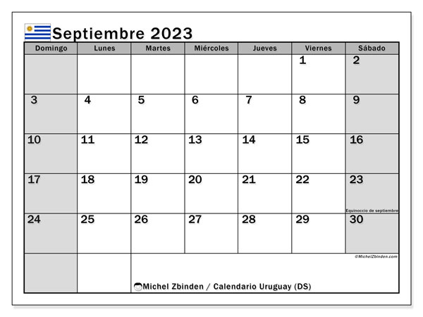 Calendario septiembre 2023 “Uruguay”. Horario para imprimir gratis.. De domingo a sábado