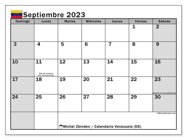 Kalendarz wrzesień 2023, Wenezuela (ES). Darmowy program do druku.