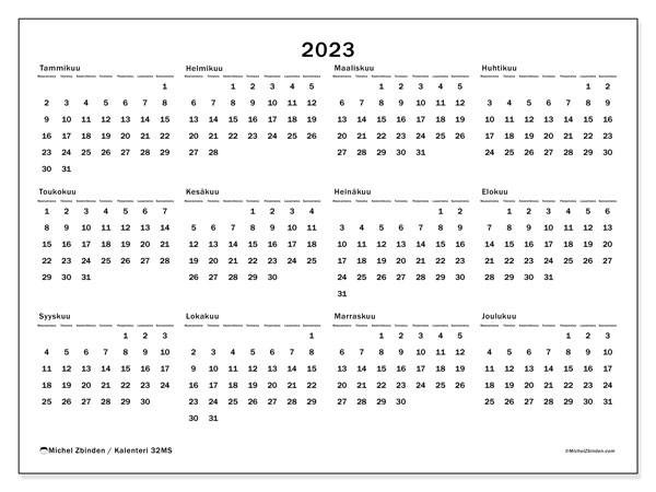 Vuosikalenteri 2023, 32MS. Ilmainen tulostettava lehti.