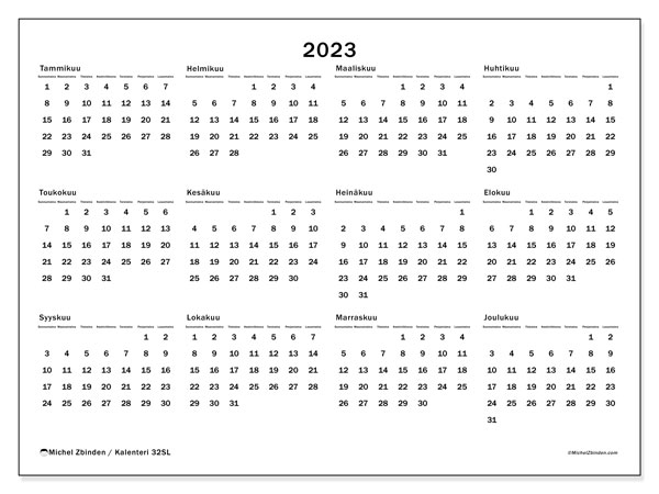 Vuosikalenteri 2023, 32SL. Ilmainen tulostettava ohjelma.