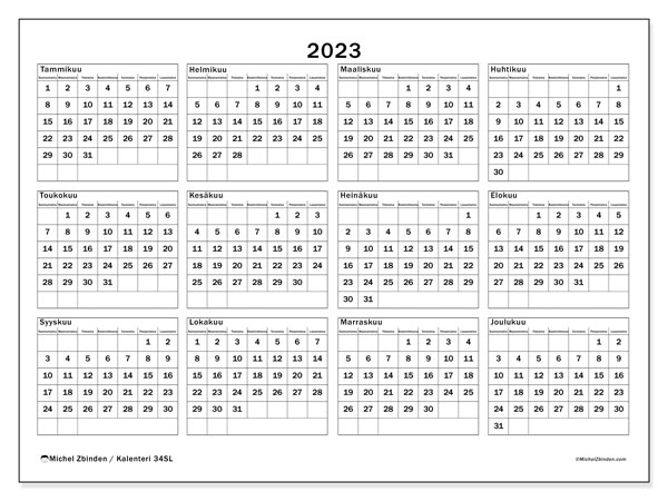 Vuosikalenteri 2023, 34SL. Ilmainen tulostettava ohjelma.
