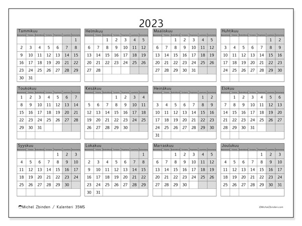 Vuosikalenteri 2023, 35MS. Ilmainen tulostettava ohjelma.