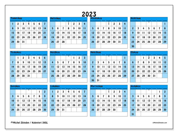 Vuosikalenteri 2023, 39SL. Ilmainen tulostettava lehti.