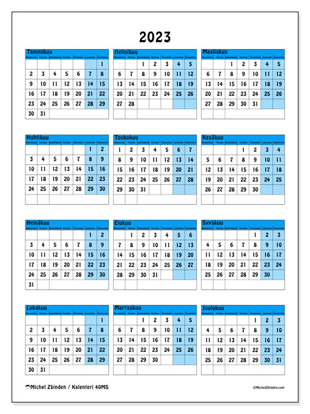 Tulostettavat kalenteri 2023. Vuosikalenteri “40MS” ja ilmainen tulostettava aikataulu