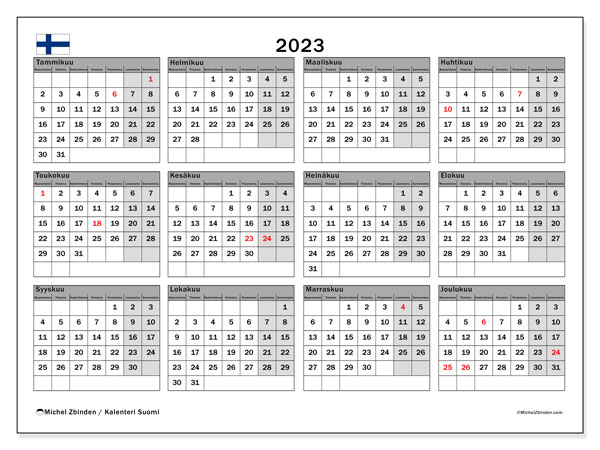 Calendario 2023, Finlandia (FI). Horario para imprimir gratis.