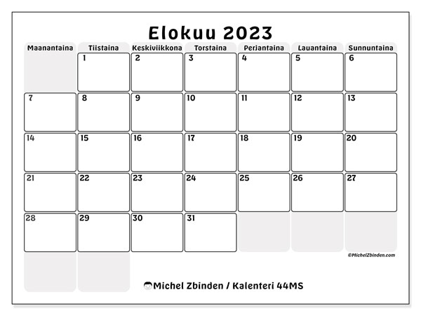 Kalenteri elokuu 2023, 44MS. Ilmainen tulostettava kalenteri.