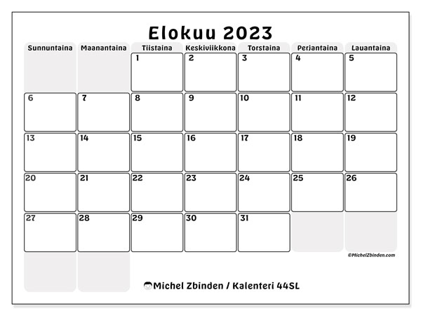 Tulostettavat kalenteri elokuu 2023. Kuukausikalenteri “44SL” ja vapaa tulostettava päiväkirja