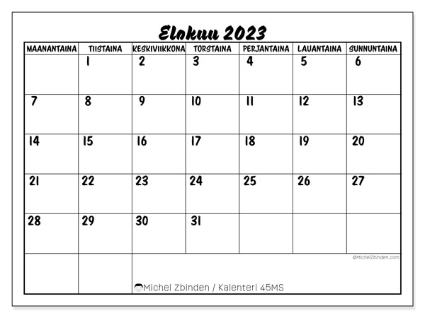 Kalenteri elokuu 2023, 45MS. Ilmainen tulostettava aikataulu.