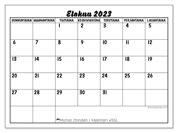Tulostettava kalenteri, elokuu 2023, 45SL
