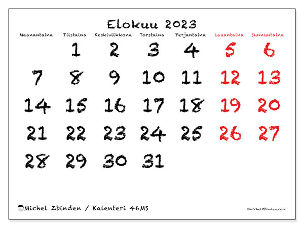 Kalenteri elokuu 2023, 46MS. Ilmainen tulostettava kalenteri.