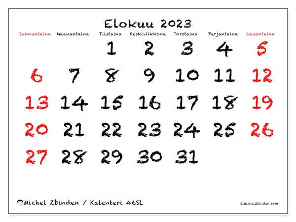 Kalenteri elokuu 2023, 46SL. Ilmainen tulostettava kalenteri.