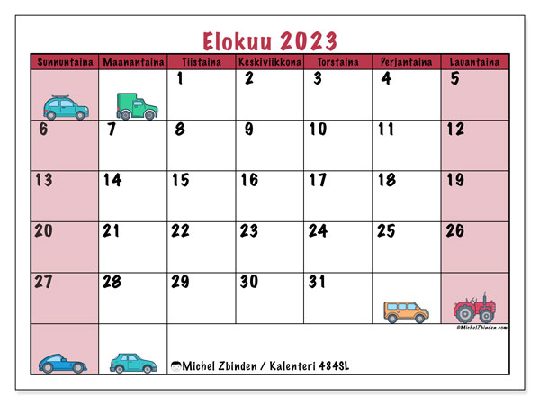 Kalenteri elokuu 2023, 484SL. Ilmainen tulostettava aikataulu.
