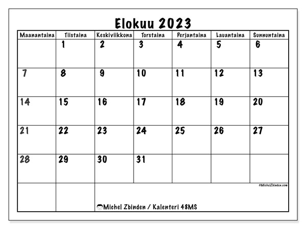 Kalenteri elokuu 2023, 48MS. Ilmainen tulostettava aikataulu.